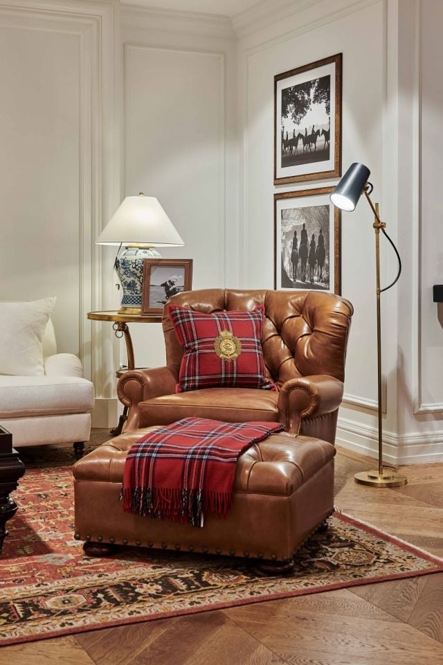 BENTON ADJUSTABLE FLOOR LAMP IN NATURAL BRASS WITH NAVY LEATHER SHADE