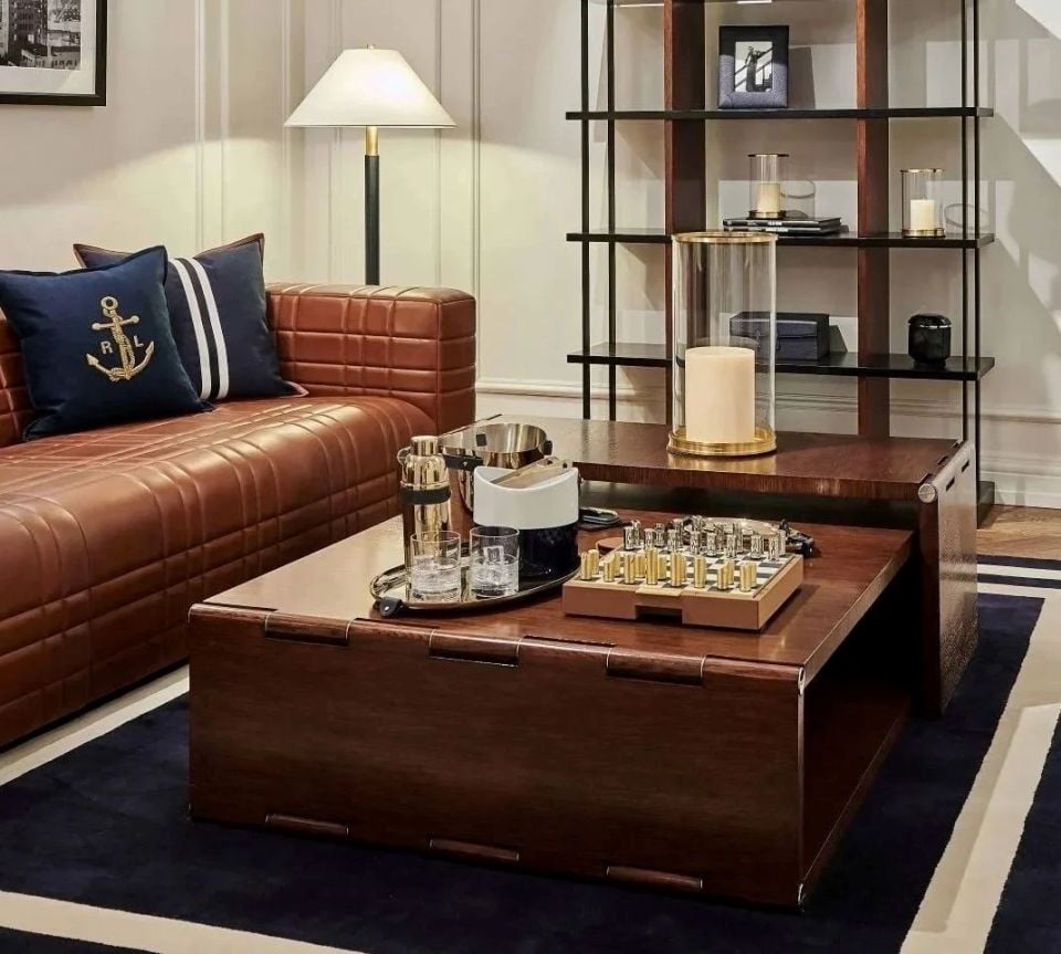 GARNER FLOOR LAMP IN NATURAL BRASS AND NAVY LEATHER WITH PERCALE SHADE