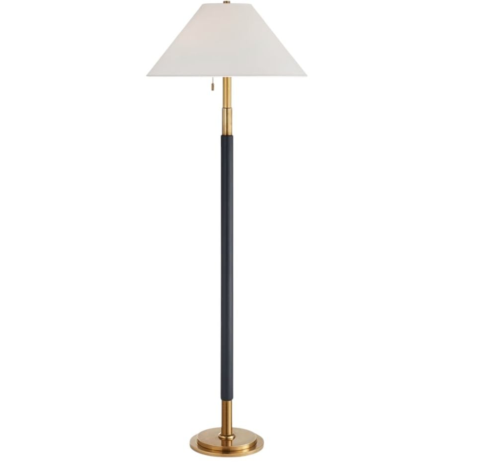 GARNER FLOOR LAMP IN NATURAL BRASS AND NAVY LEATHER WITH PERCALE SHADE