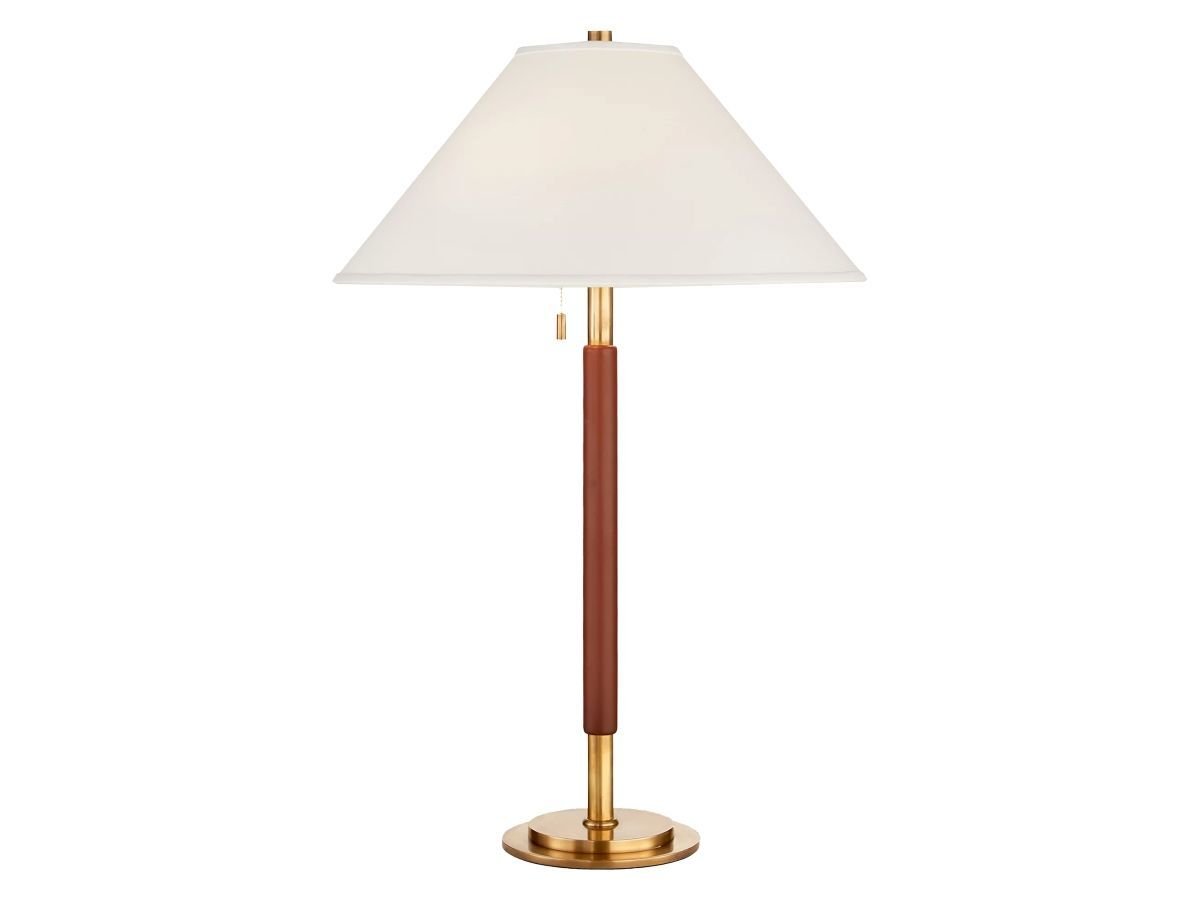 GARNER TABLE LAMP IN NATURAL BRASS AND NAVY LEATHER WITH PERCALE SHADE