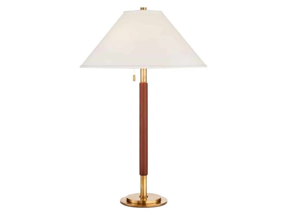 GARNER TABLE LAMP IN NATURAL BRASS AND NAVY LEATHER WITH PERCALE SHADE