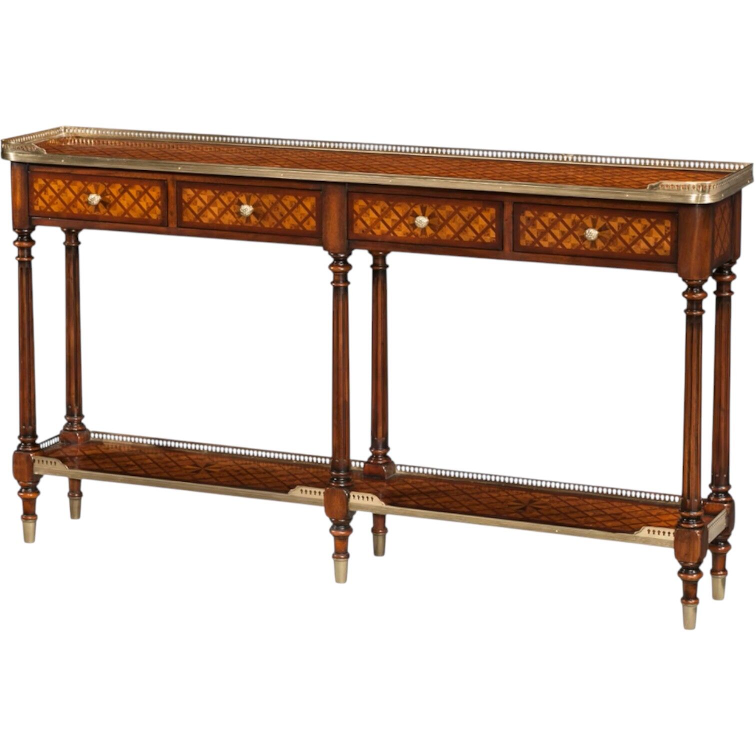 BURL LATTICE PARQUETRY, BRASS MOUNTED CONSOLE TABLE